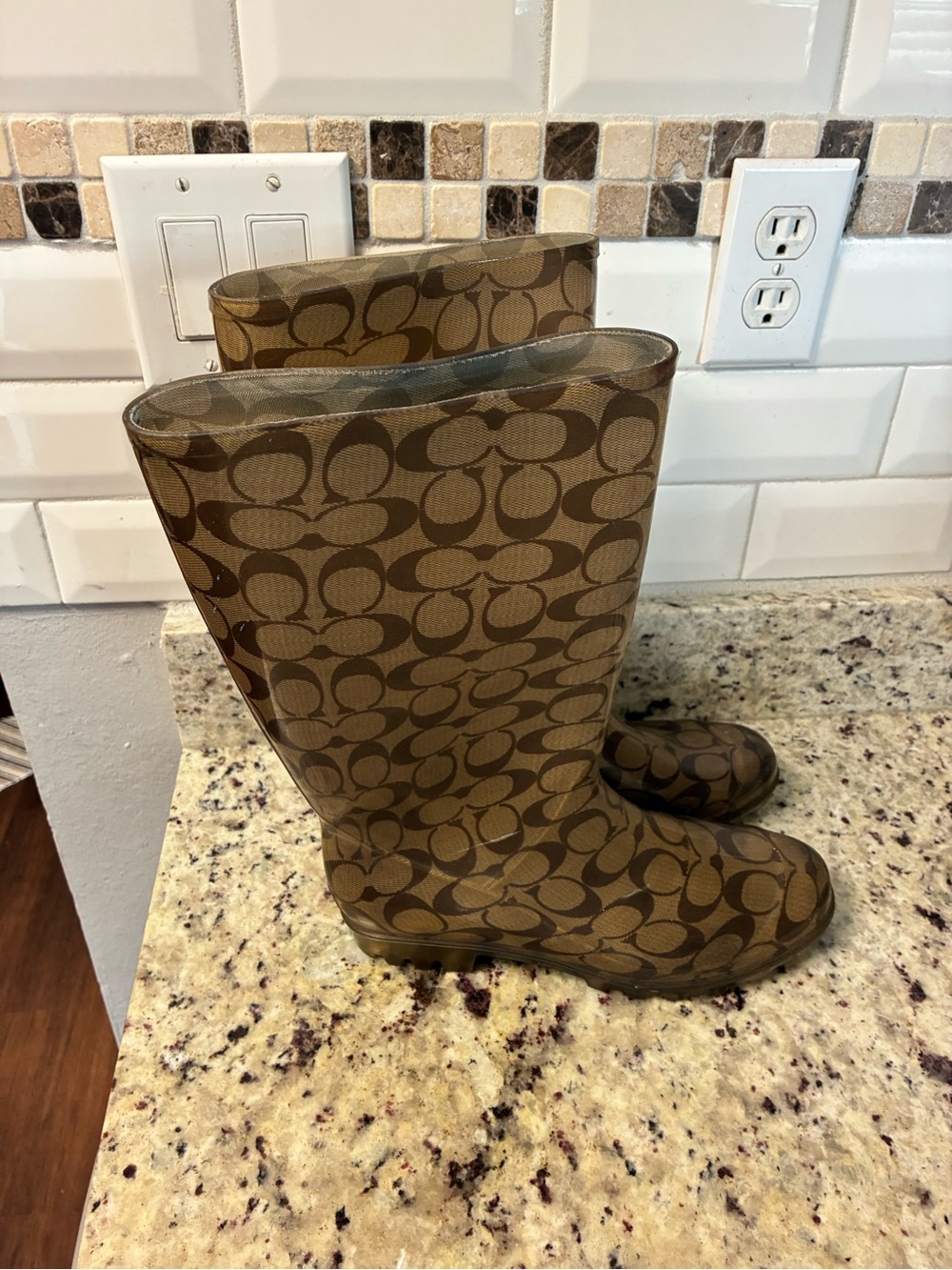 Coach Brown Signature Monogram Knee-High Rain Boots - Picture 2 of 8